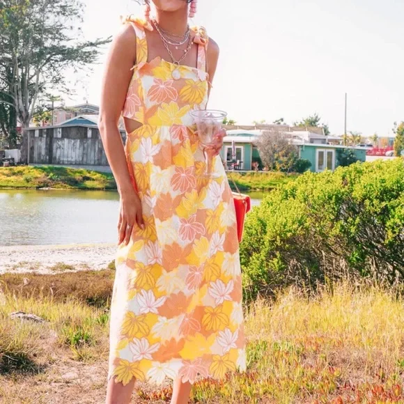 knee length dresses for ladies Navy Pink and Yellow Floral Print Midi Dress | Boutique Elise